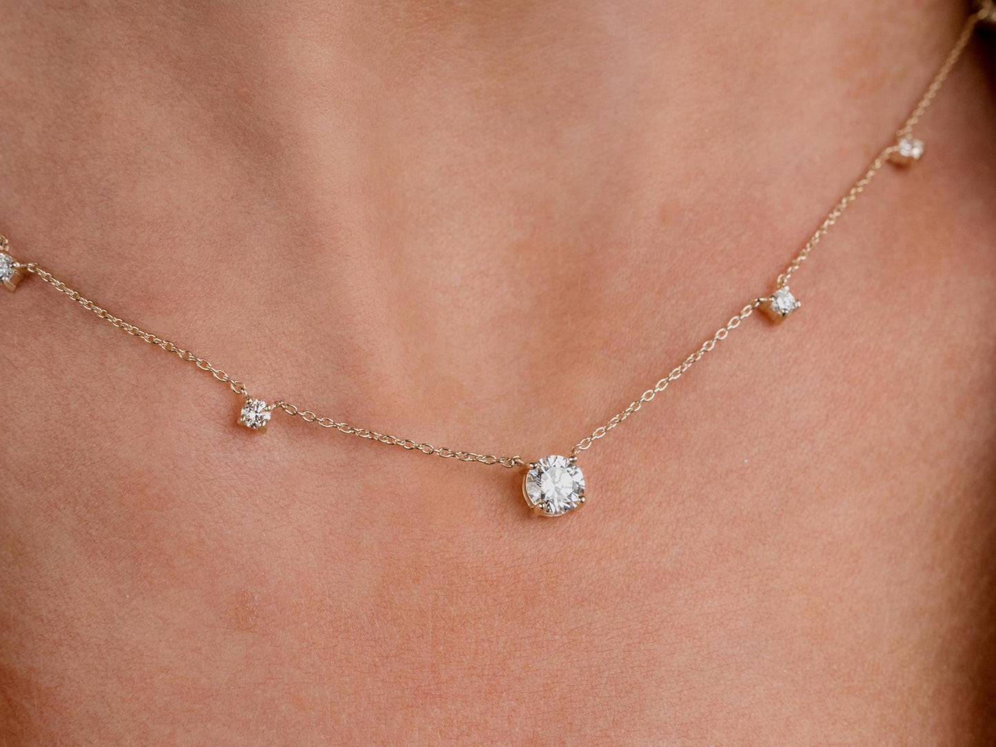 Modern Station Necklace with Statement Center | 14k Gold | Everyday Diamond Necklace | Gift for Wife or Girlfriend / Holiday jewelry gift
