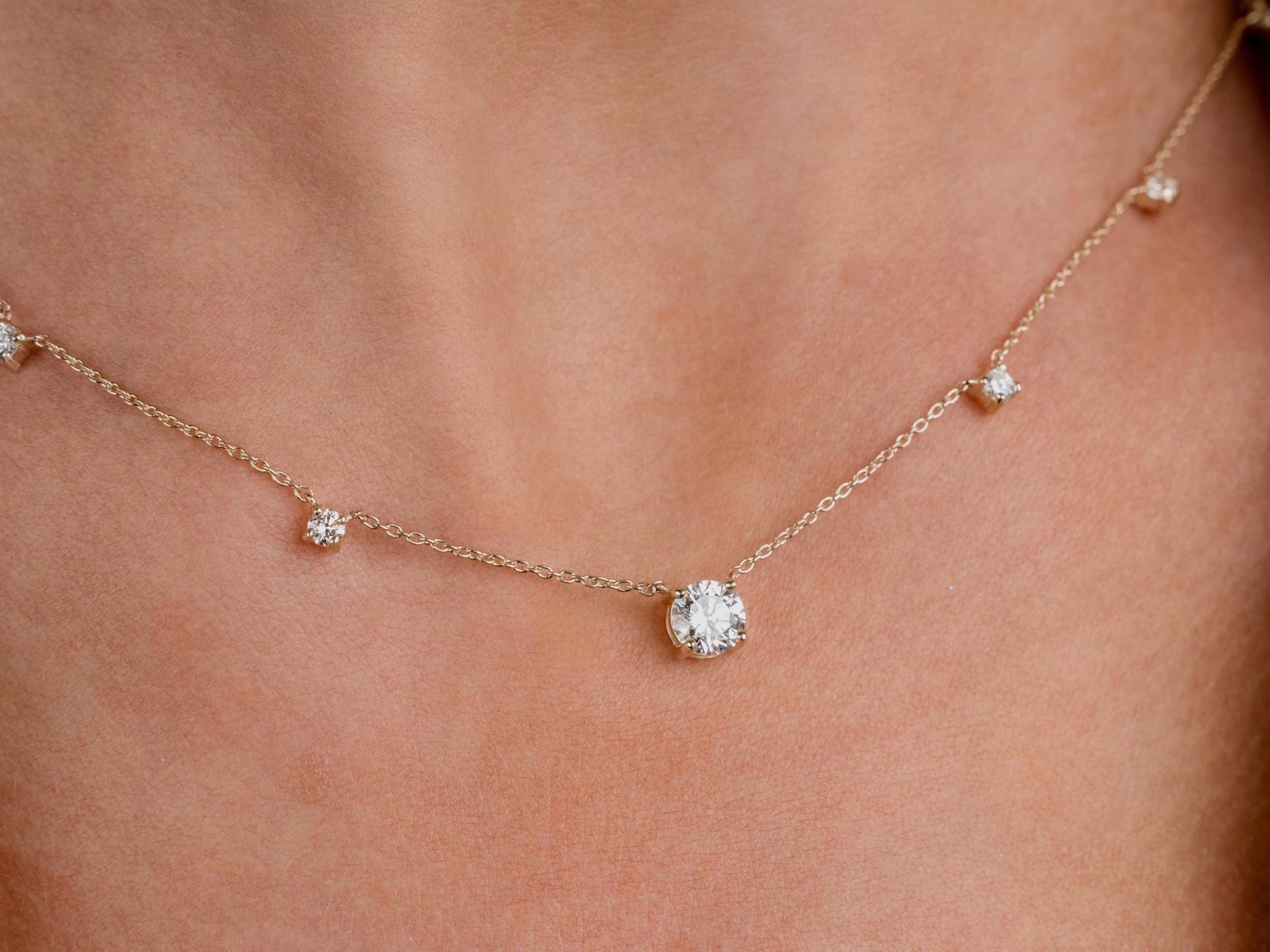 Modern Station Necklace with Statement Center | 14k Gold | Everyday Diamond Necklace | Gift for Wife or Girlfriend / Holiday jewelry gift