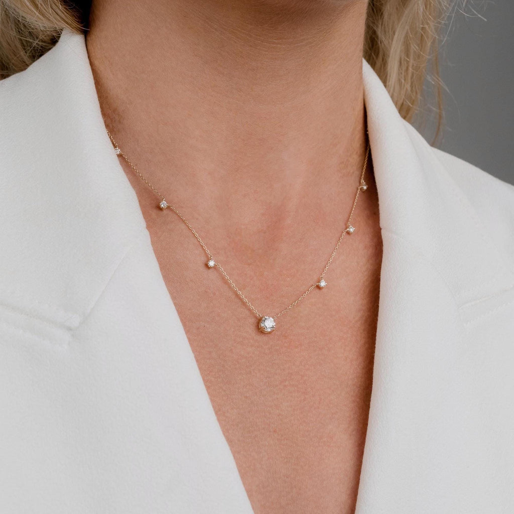 Modern Station Necklace with Statement Center | 14k Gold | Everyday Diamond Necklace | Gift for Wife or Girlfriend / Holiday jewelry gift