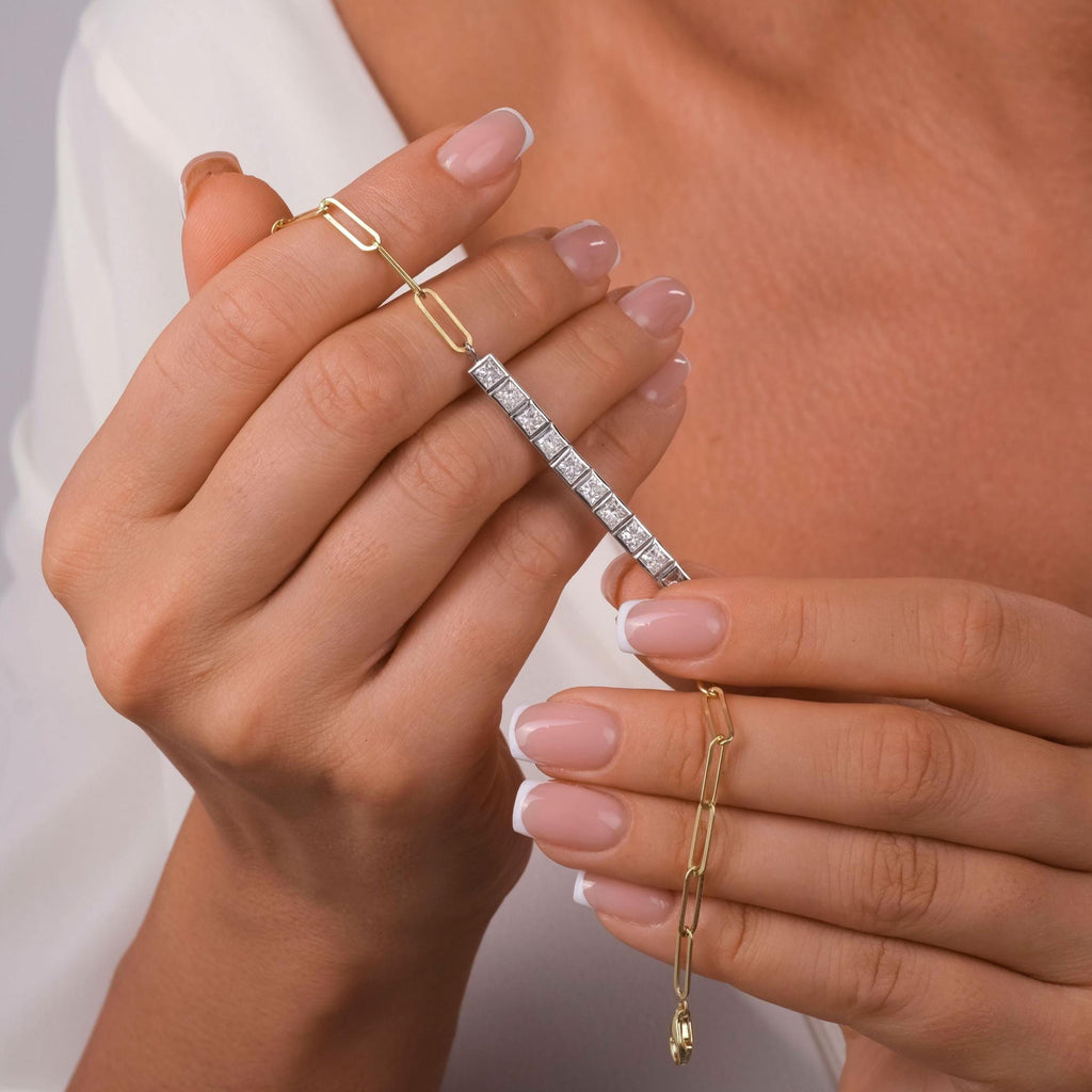 Diamond Paperclip Bracelet / 14k Gold Bezel Setting Princess Cut Bracelet / Dainty and Elegant Diamond Bracelet