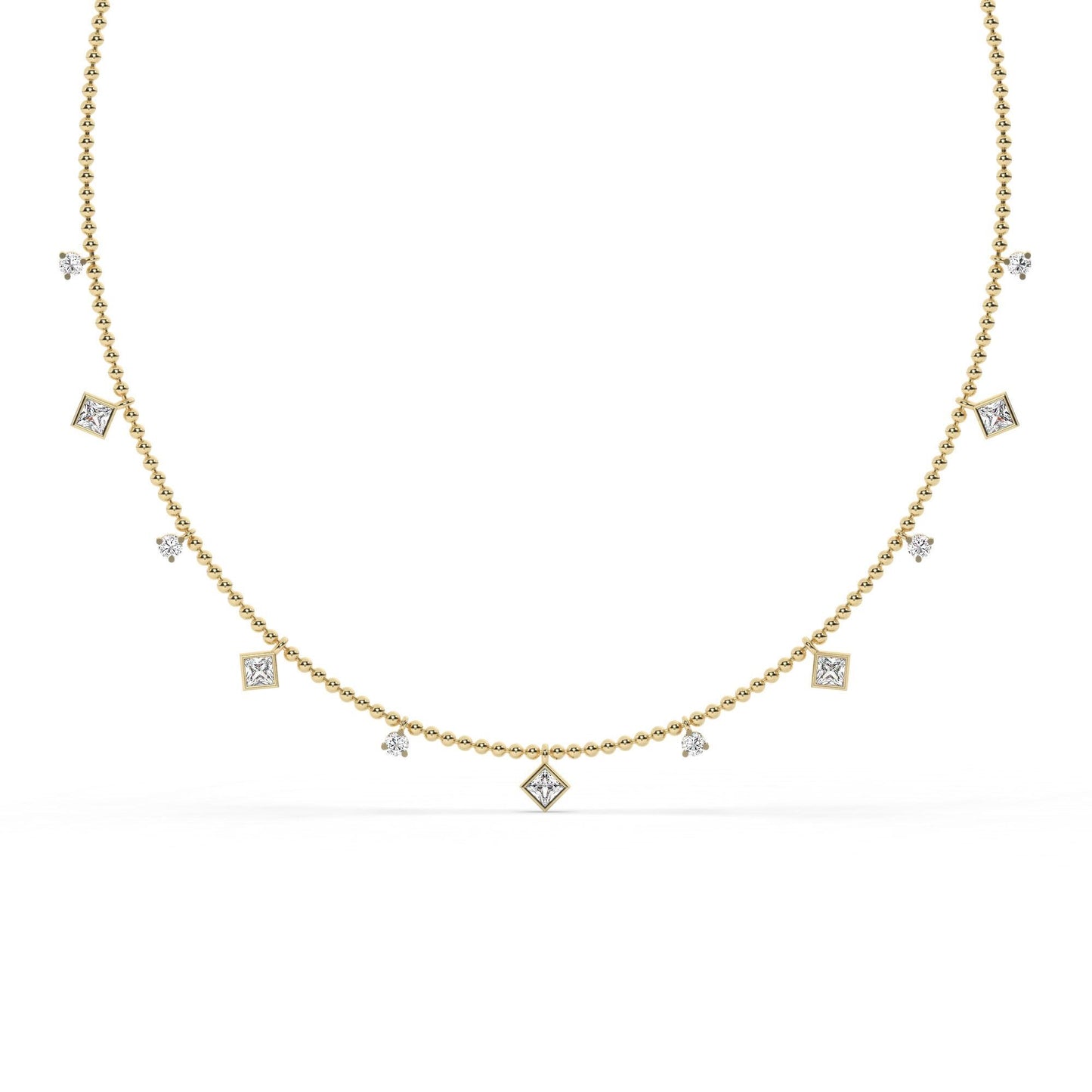 Princess Cut Diamond Station Necklace / 14k Gold Diamond Necklace / Dainty Bead Chain Diamond Necklace / Ball Chain Layering Necklace