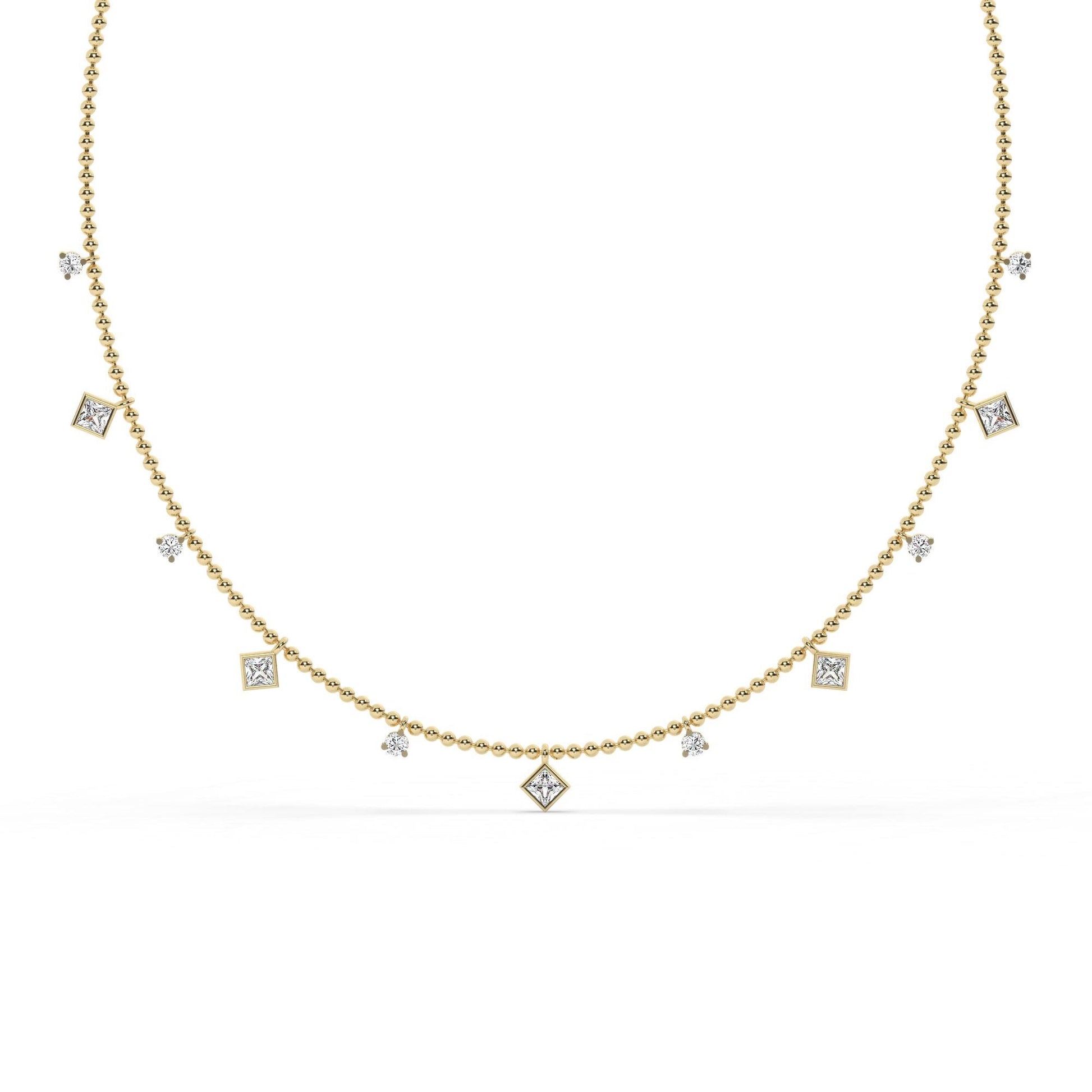 Princess Cut Diamond Station Necklace / 14k Gold Diamond Necklace / Dainty Bead Chain Diamond Necklace / Ball Chain Layering Necklace