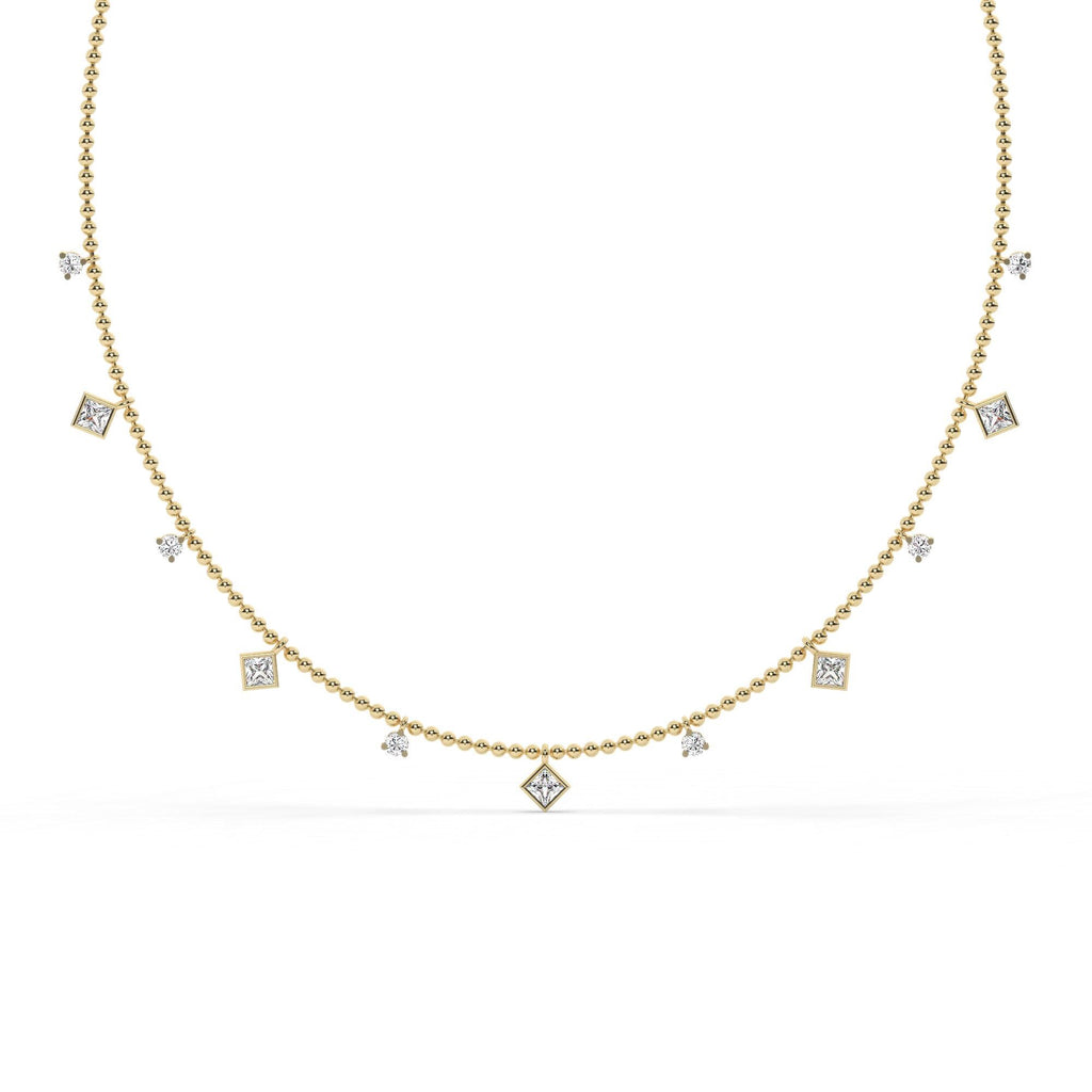 Princess Cut Diamond Station Necklace / 14k Gold Diamond Necklace / Dainty Bead Chain Diamond Necklace / Ball Chain Layering Necklace