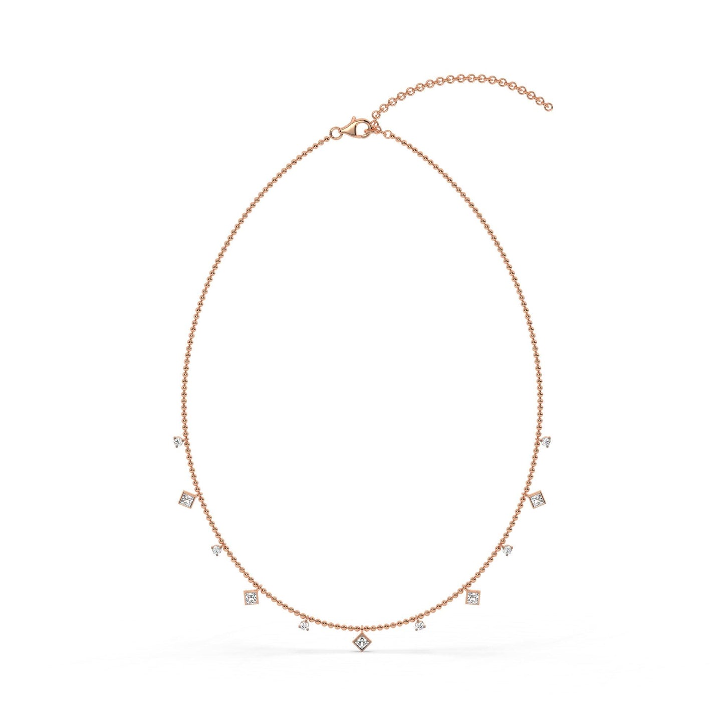 Princess Cut Diamond Station Necklace / 14k Gold Diamond Necklace / Dainty Bead Chain Diamond Necklace / Ball Chain Layering Necklace