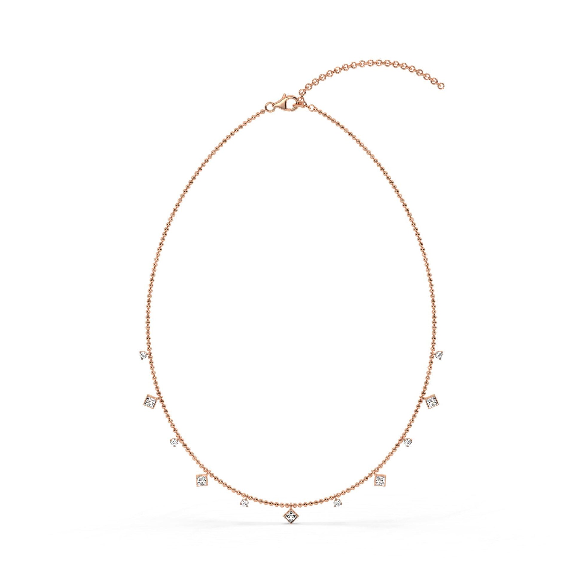 Princess Cut Diamond Station Necklace / 14k Gold Diamond Necklace / Dainty Bead Chain Diamond Necklace / Ball Chain Layering Necklace