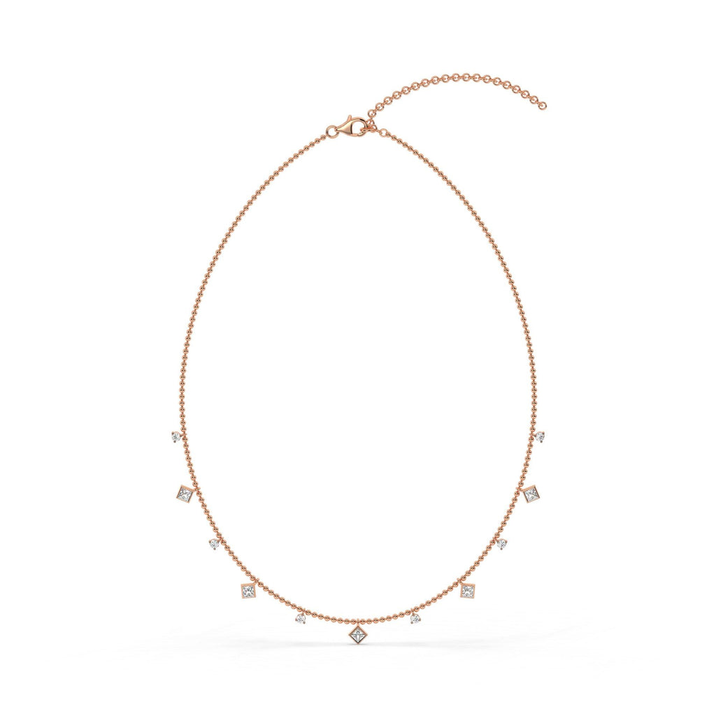 Princess Cut Diamond Station Necklace / 14k Gold Diamond Necklace / Dainty Bead Chain Diamond Necklace / Ball Chain Layering Necklace