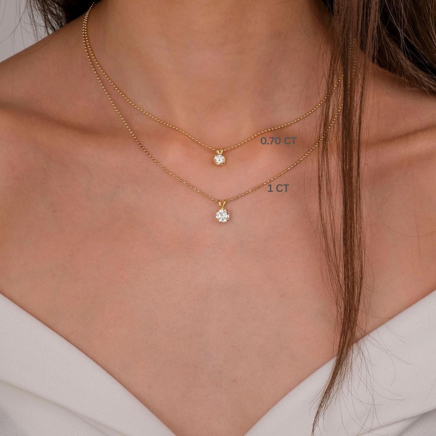 14k Gold Ball Chain Solitaire Necklace | Round Brilliant Cut Natural or Lab Diamond | Everyday Gift Jewelry I 0.30 CT to 1 CT size Options