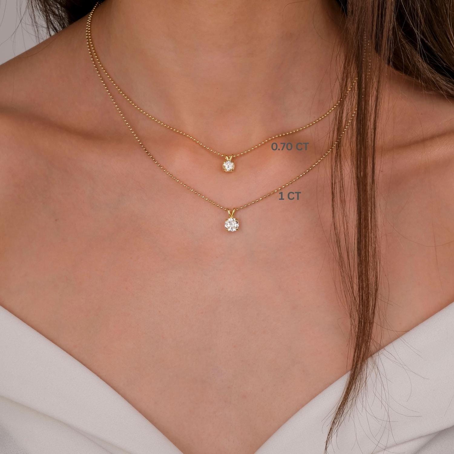 14k Gold Ball Chain Solitaire Necklace | Round Brilliant Cut Natural or Lab Diamond | Everyday Gift Jewelry I 0.30 CT to 1 CT size Options