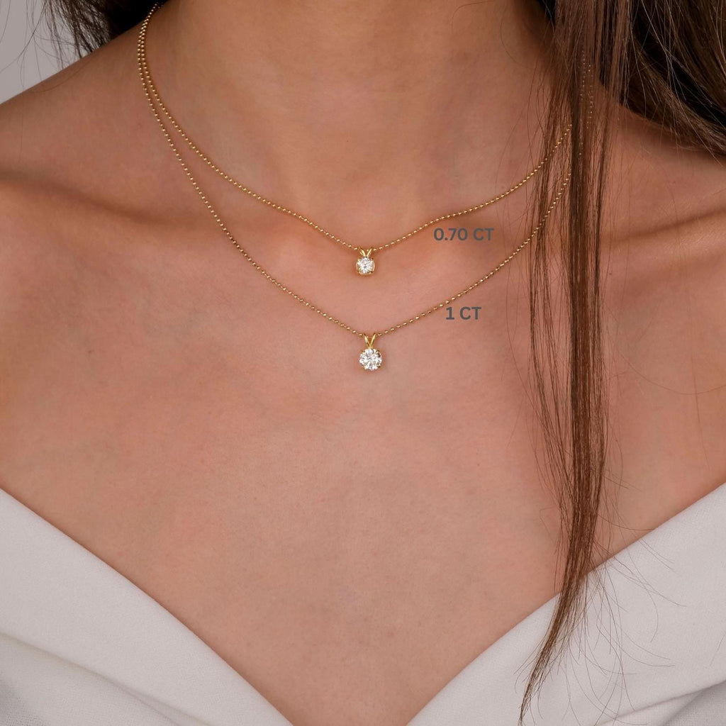 14k Gold Ball Chain Solitaire Necklace | Round Brilliant Cut Natural or Lab Diamond | Everyday Gift Jewelry I 0.30 CT to 1 CT size Options