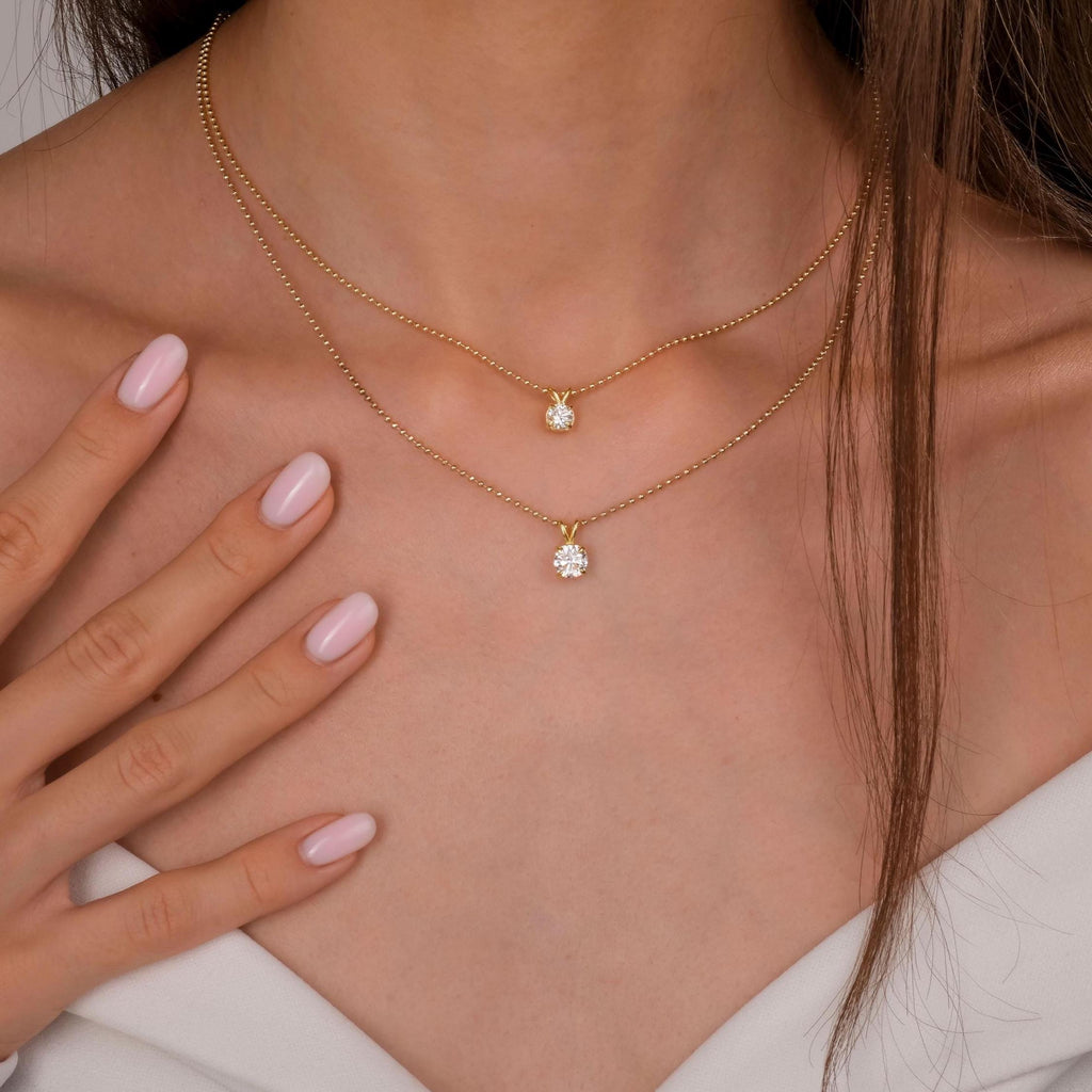 14k Gold Ball Chain Solitaire Necklace | Round Brilliant Cut Natural or Lab Diamond | Everyday Gift Jewelry I 0.30 CT to 1 CT size Options