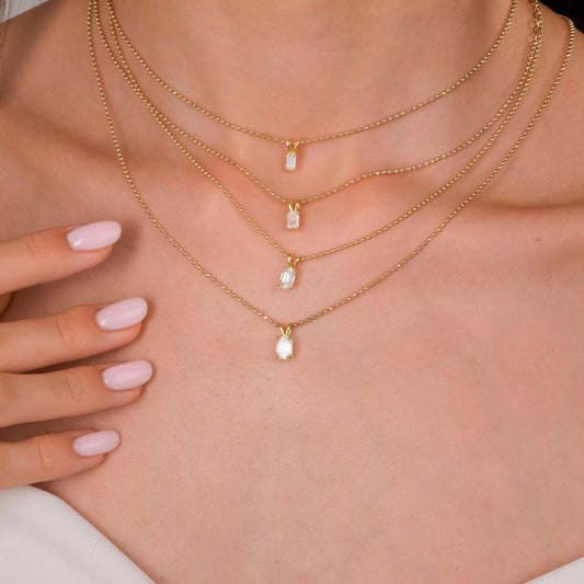 14k Gold Ball Chain Emerald Cut Solitaire Necklace | Natural or Lab Diamond | Everyday Gift Jewelry I 0.30 CT to 1 CT size Options