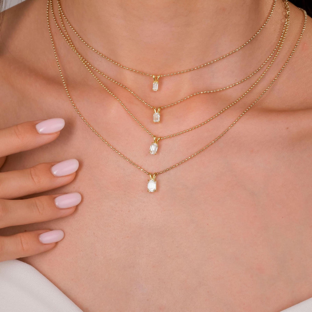 14k Gold Ball Chain Emerald Cut Solitaire Necklace | Natural or Lab Diamond | Everyday Gift Jewelry I 0.30 CT to 1 CT size Options