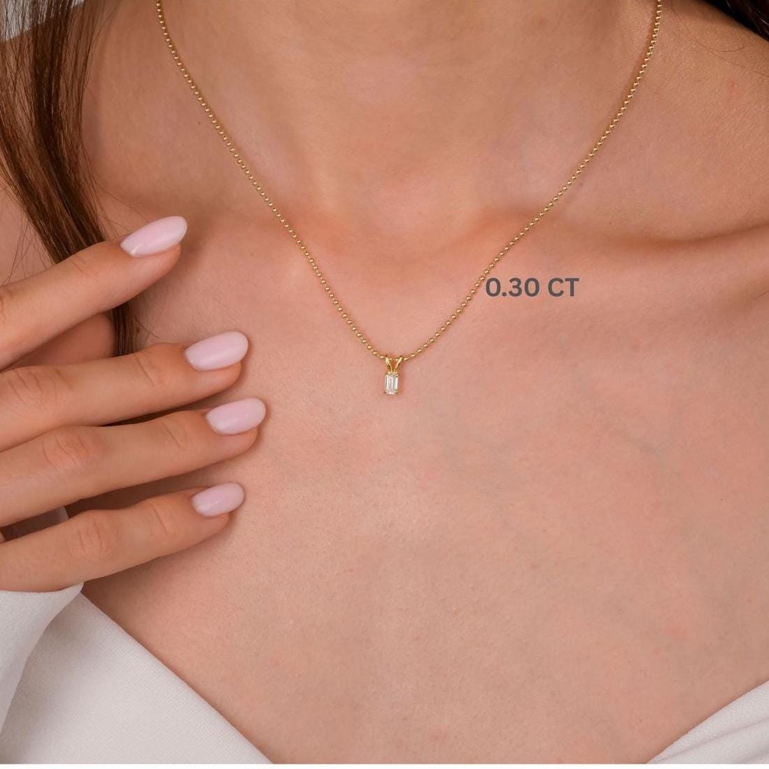 14k Gold Ball Chain Emerald Cut Solitaire Necklace | Natural or Lab Diamond | Everyday Gift Jewelry I 0.30 CT to 1 CT size Options