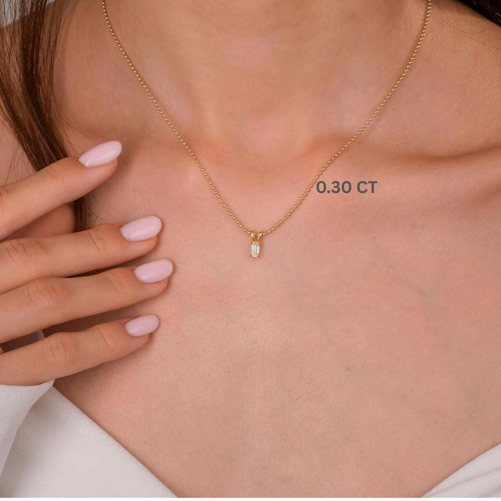 14k Gold Ball Chain Emerald Cut Solitaire Necklace | Natural or Lab Diamond | Everyday Gift Jewelry I 0.30 CT to 1 CT size Options