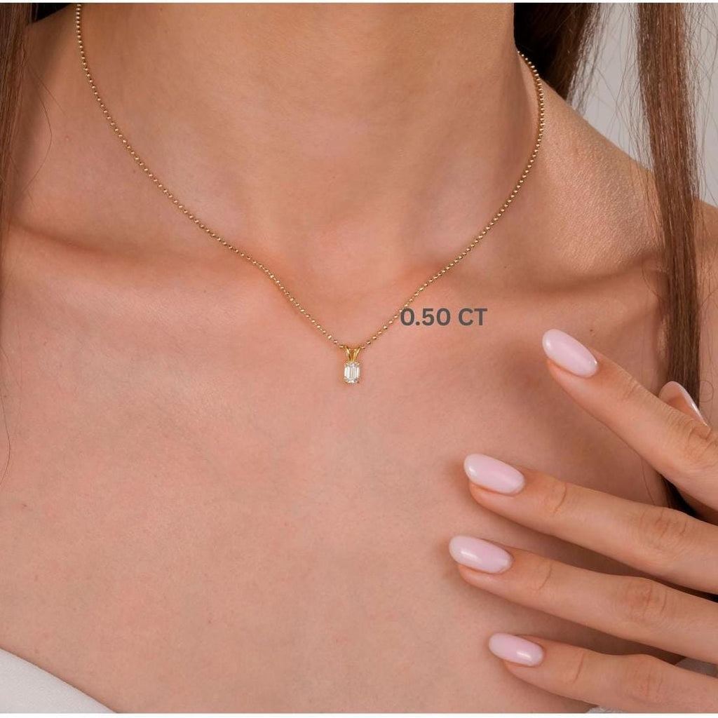 14k Gold Ball Chain Emerald Cut Solitaire Necklace | Natural or Lab Diamond | Everyday Gift Jewelry I 0.30 CT to 1 CT size Options