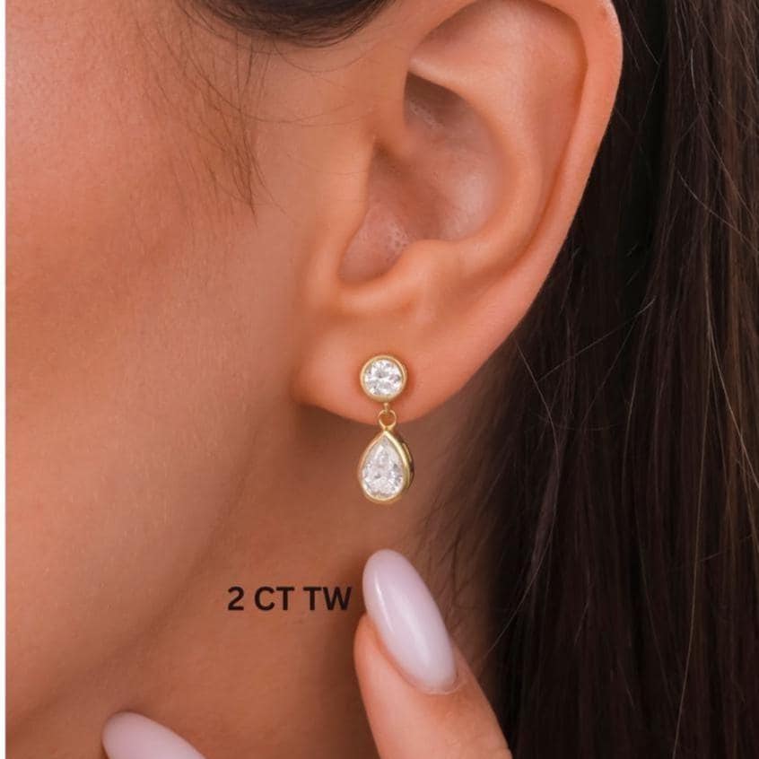 Round and Pear Shape Bezel Set Diamond Dangling Earrings / 14k Gold Diamond Earrings / IGI Certified Lab Diamond Earrings