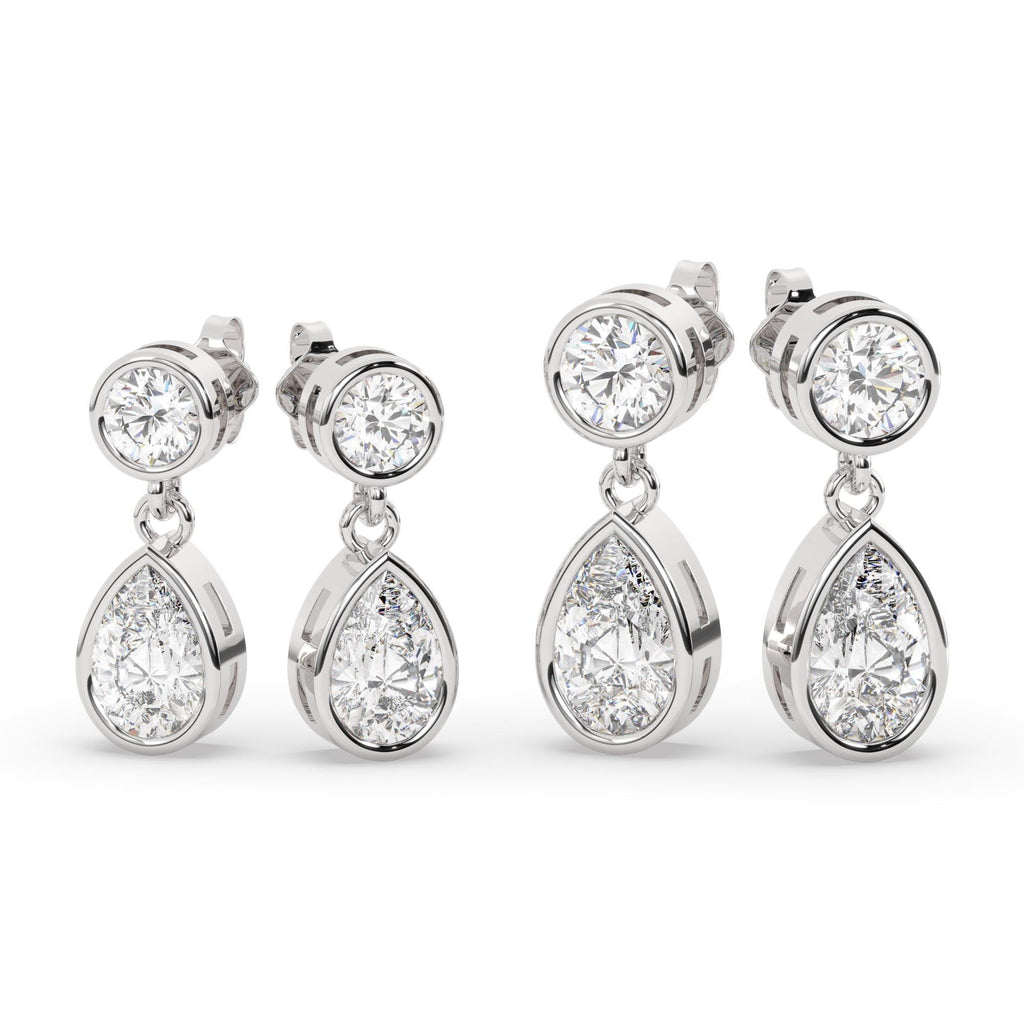 Round and Pear Shape Bezel Set Diamond Dangling Earrings / 14k Gold Diamond Earrings / IGI Certified Lab Diamond Earrings