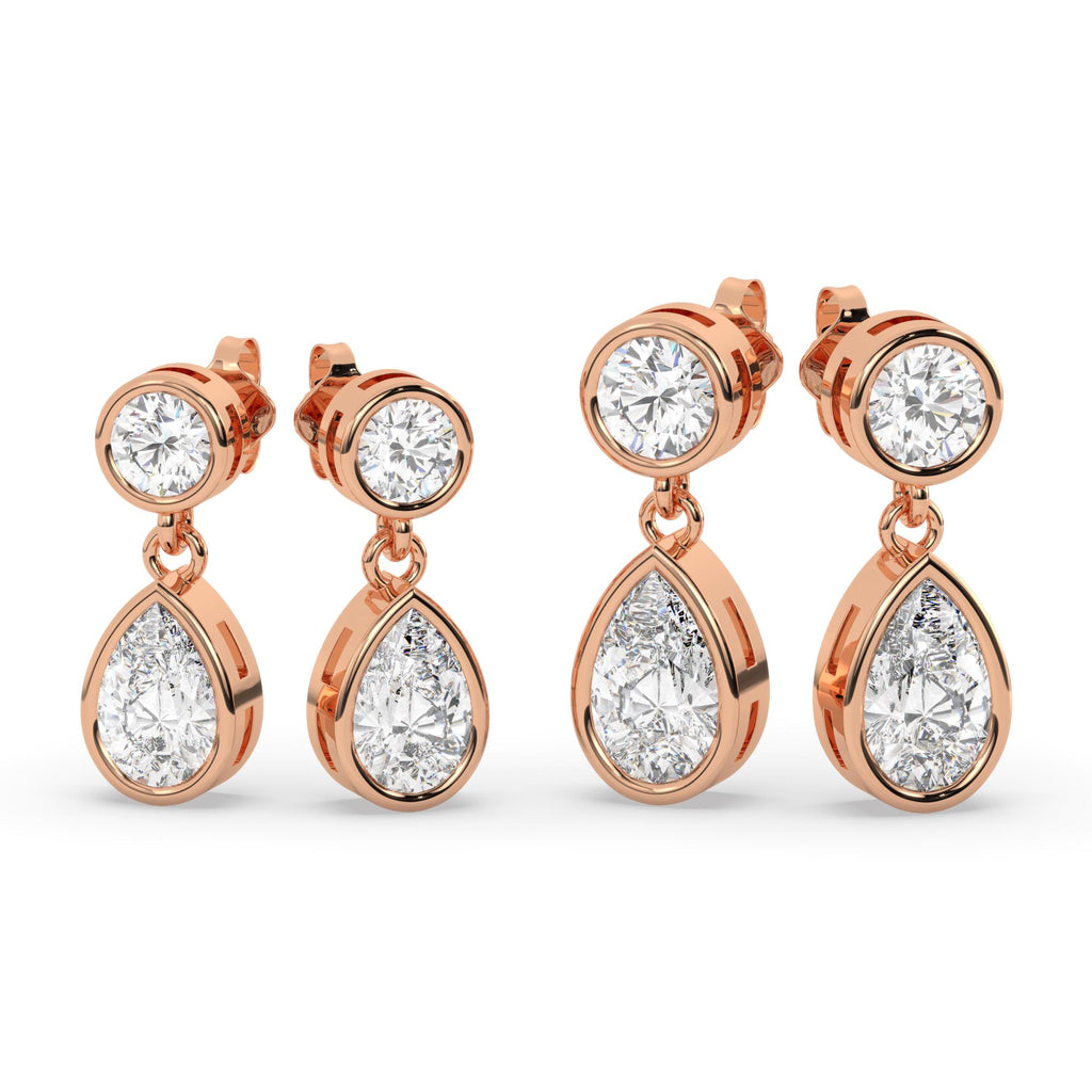Round and Pear Shape Bezel Set Diamond Dangling Earrings / 14k Gold Diamond Earrings / IGI Certified Lab Diamond Earrings
