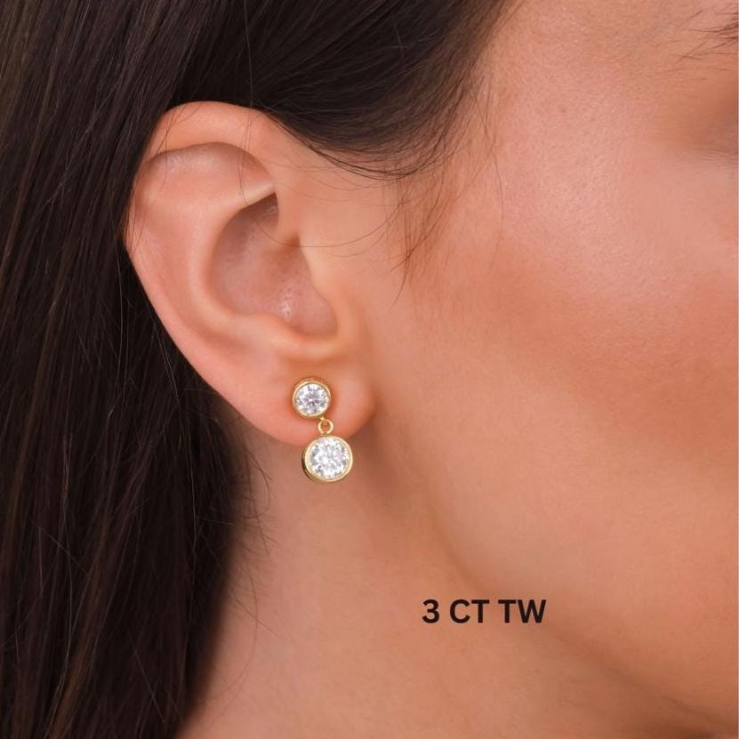 Round Shape Bezel Set Diamond Dangling Earrings / 14k Gold and Diamond Drop Earrings / IGI Certified Lab Diamond Earrings