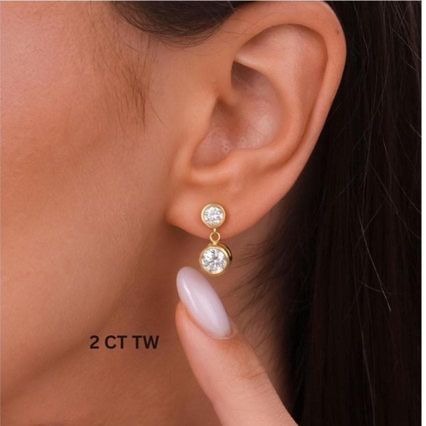 Round Shape Bezel Set Diamond Dangling Earrings / 14k Gold and Diamond Drop Earrings / IGI Certified Lab Diamond Earrings