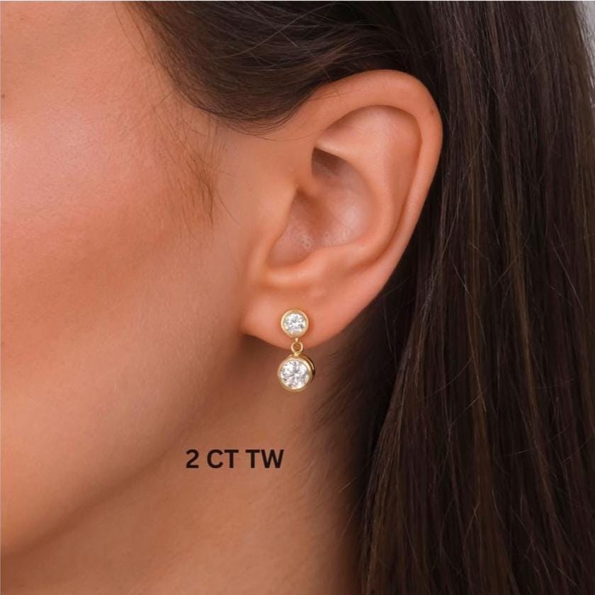 Round Shape Bezel Set Diamond Dangling Earrings / 14k Gold and Diamond Drop Earrings / IGI Certified Lab Diamond Earrings