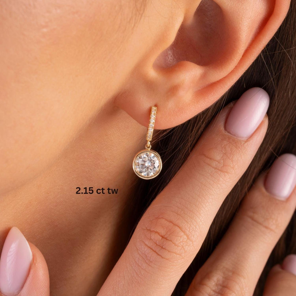 Round Brilliant Cut Bezel Diamond Dangling Earrings / 14k Gold Diamond Earrings / Anniversary Gift / Birthday Gift / Lab and Natural Diamond