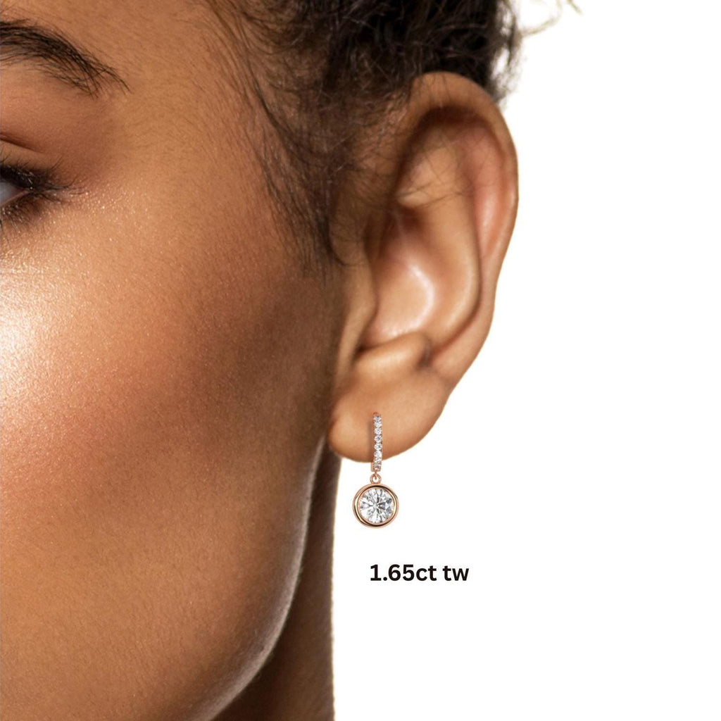 Round Brilliant Cut Bezel Diamond Dangling Earrings / 14k Gold Diamond Earrings / Anniversary Gift / Birthday Gift / Lab and Natural Diamond