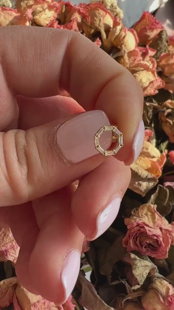 Diamond Circle Studs / 14k Gold and Baguette Diamond Circle Earrings / Open Halo Circle Studs / Dainty Studs Earrings/ Diamond Birthday Gift