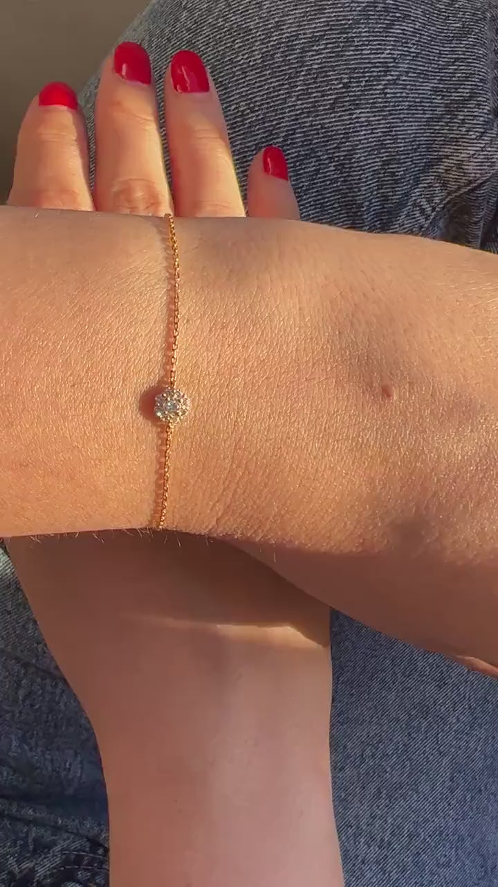 Diamond Halo Bracelet / 14k Gold Pave Diamond Flower Bracelet / Dainty Diamond Bracelet / Anniversary Gift / Diamond Gift Idea
