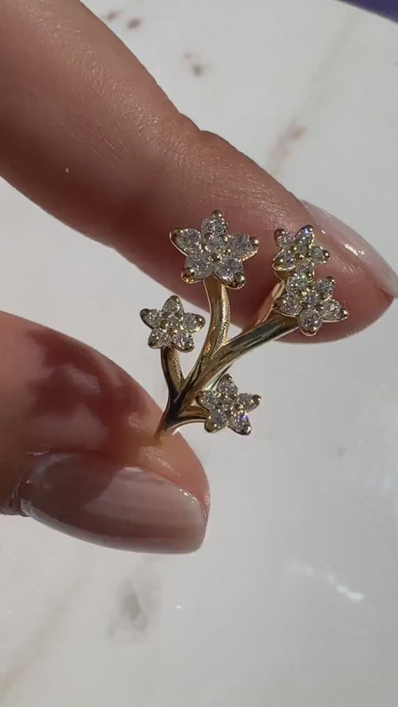Diamond Floral Design Ring / 14k Gold Diamond Flower Ring / Flower stacking ring / Floral Statement Ring / Birthday Gift