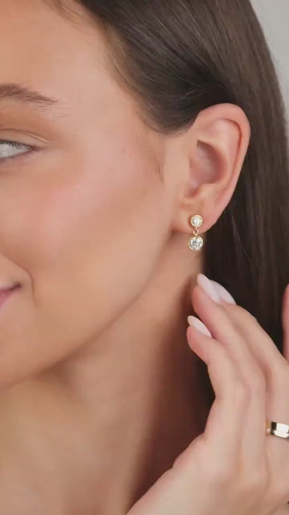 Round Shape Bezel Set Diamond Dangling Earrings / 14k Gold and Diamond Drop Earrings / IGI Certified Lab Diamond Earrings