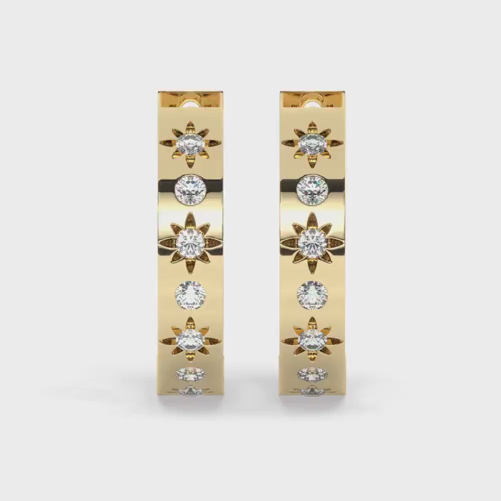 14k Gold Starburst Diamond Hoop Earrings: Dainty Huggies