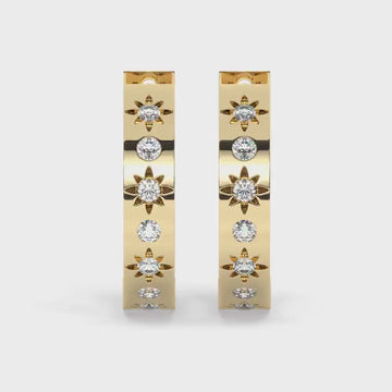 14k Gold Starburst Diamond Hoop Earrings: Dainty Huggies
