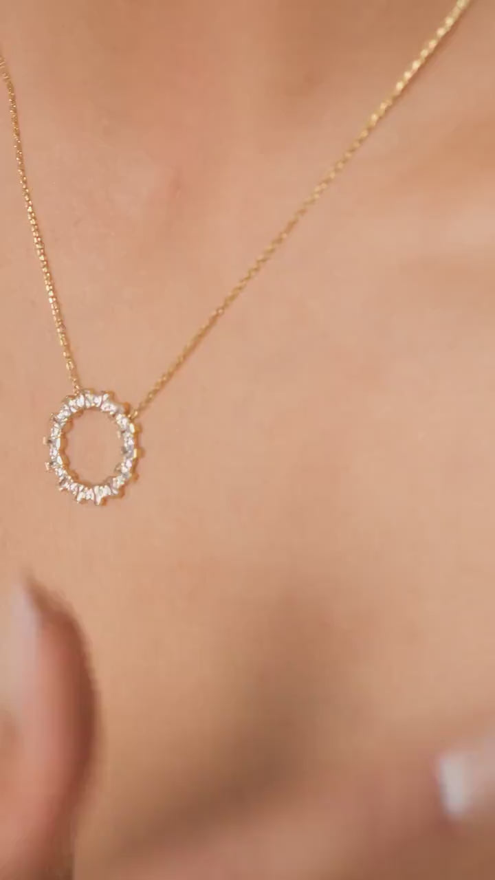 14k Gold and Diamond Circle Necklace / Baguette Round Diamond Circle Necklace / Large Diamond Circle / Circle of Life Necklace / Gold Circle