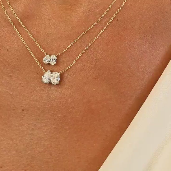 Toi et Moi Diamond Necklace: Oval & Pear Cut, 14k Gold Double Solitaire