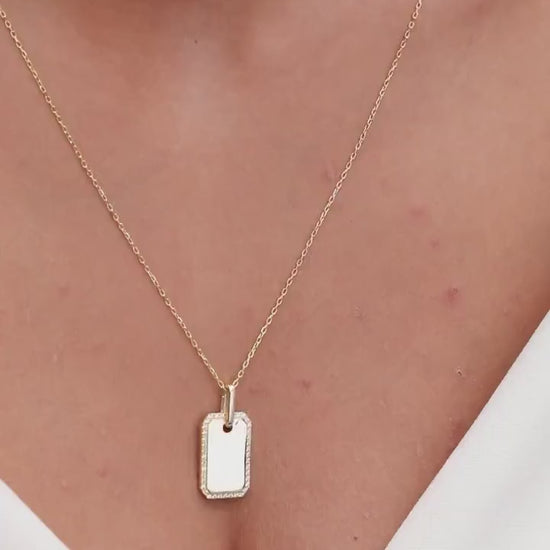 Diamond Dog tag Necklace / 14k Gold Diamond Border Dog Tag Necklace / Engravable Dog Tag Necklace / Graduation Gift / Anniversary Gift