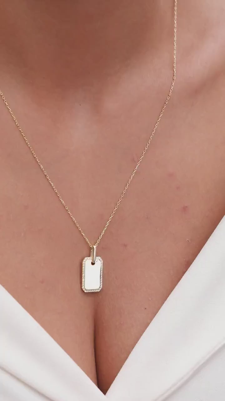 Diamond Dog tag Necklace / 14k Gold Diamond Border Dog Tag Necklace / Engravable Dog Tag Necklace / Graduation Gift / Anniversary Gift