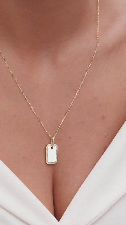 Diamond Dog tag Necklace / 14k Gold Diamond Border Dog Tag Necklace / Engravable Dog Tag Necklace / Graduation Gift / Anniversary Gift