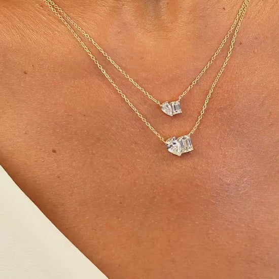 Emerald & Pear Cut Diamond Necklace: Toi Et Moi Solitaire, 14k Gold