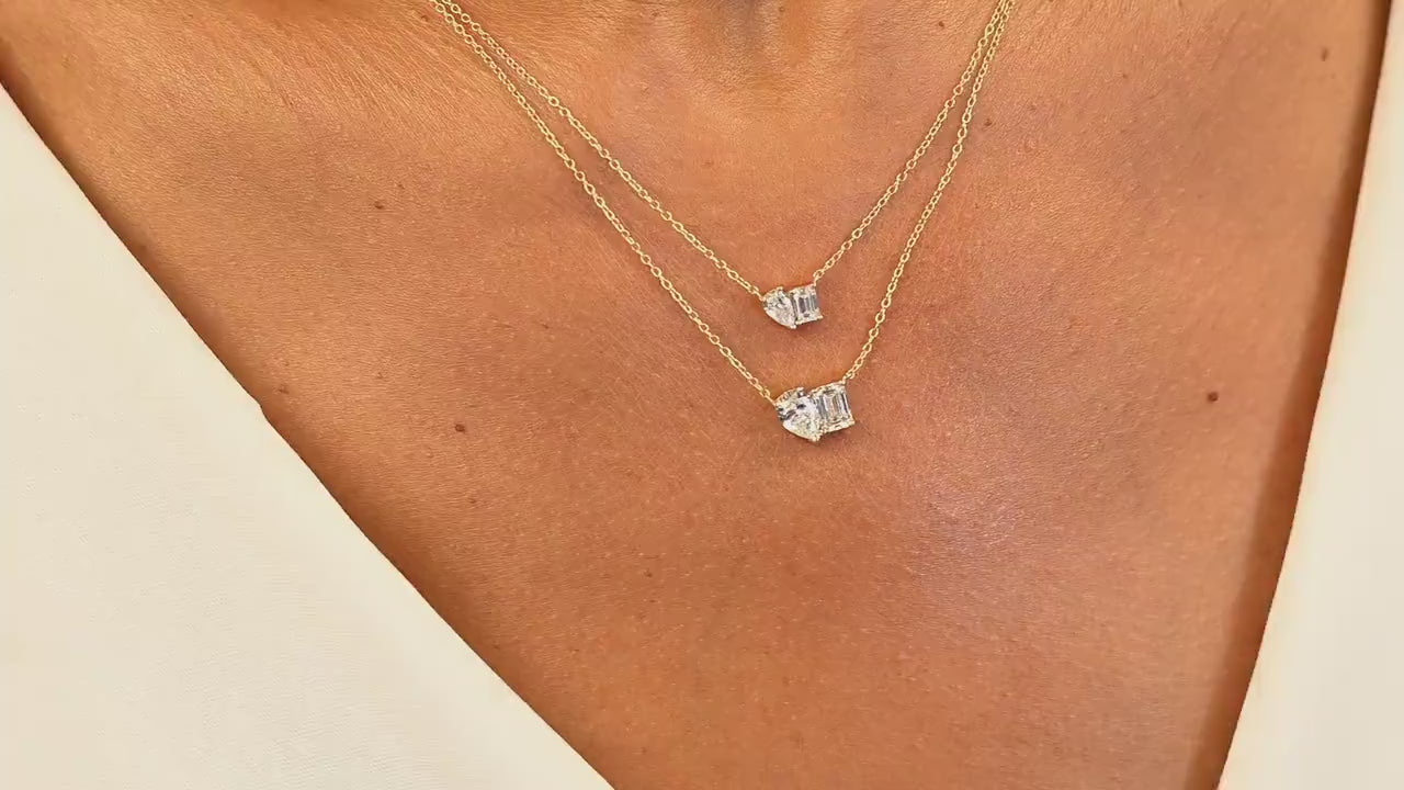 Emerald & Pear Cut Diamond Necklace: Toi Et Moi Solitaire, 14k Gold