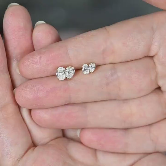 14k Gold Toi Et Moi Diamond Stud Earrings: Pear & Oval Solitaire
