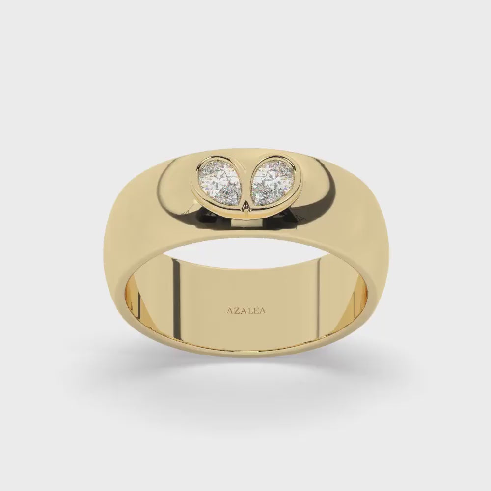 14k Gold Diamond Pear Ring: Wide Band Teardrop Engagement Ring