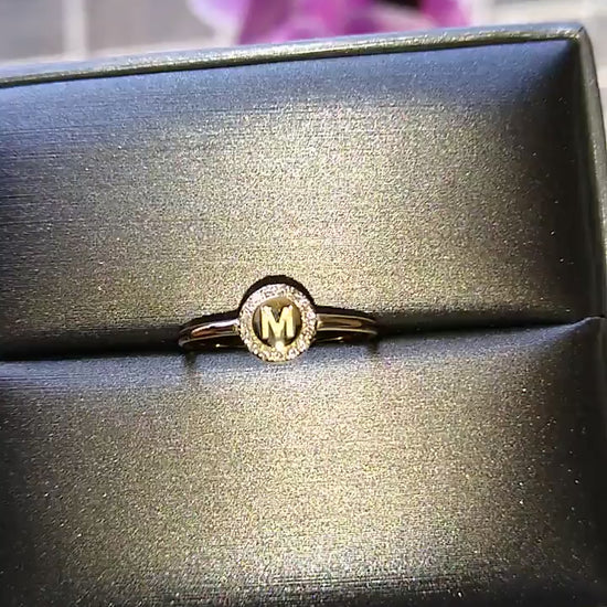 Diamond Initial Ring / 14k Gold Pave Diamond Disc Initial Ring / Diamond Stacking Ring / Initial Ring / Graduation Gift / Birthday Gift