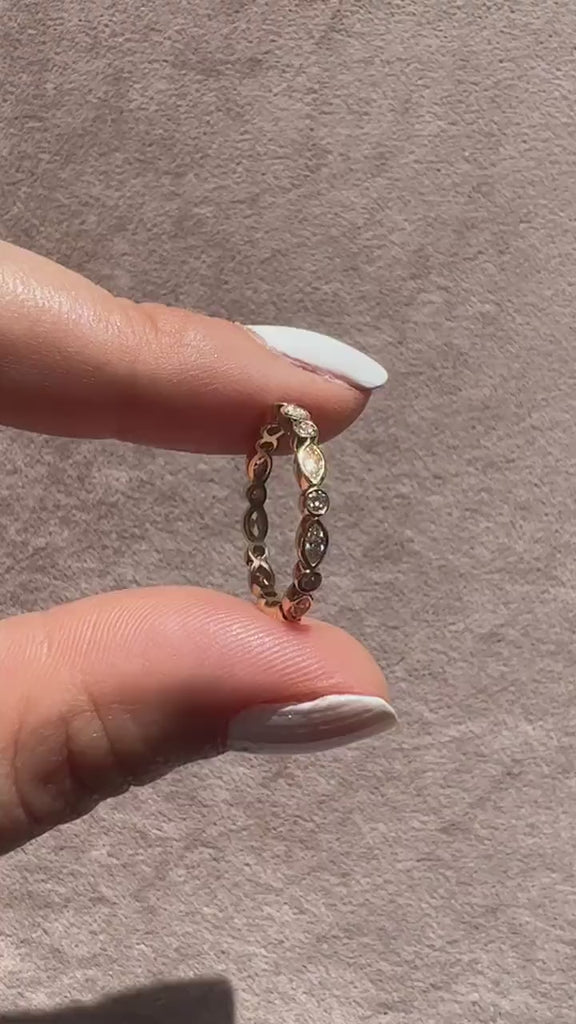 Marquise and Round Diamond Ring in 14k Gold / Bezel Setting Alternating Marquise & Round Diamond Half Eternity Anniversary Band / Birthday