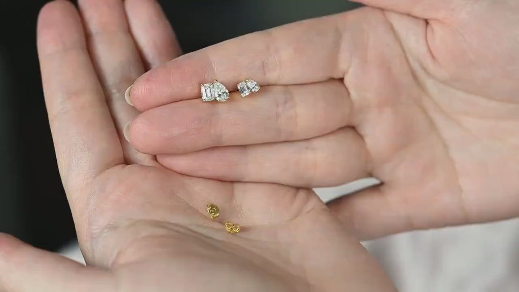 14k Gold Toi Et Moi Diamond Stud Earrings: Pear & Emerald Cut