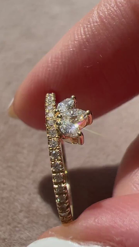 14k Marquise and Round Diamond Wedding Band / Engagement Ring / Stacking Ring / Crown Diamond Ring/ Bridal Gift / Contour Nesting Ring