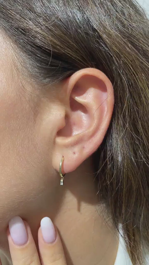 Dangling Baguette Hoop Earrings / 14k Gold Dangling Baguette Diamond Hoop Earrings / Baguette Huggies / Birthday Gift