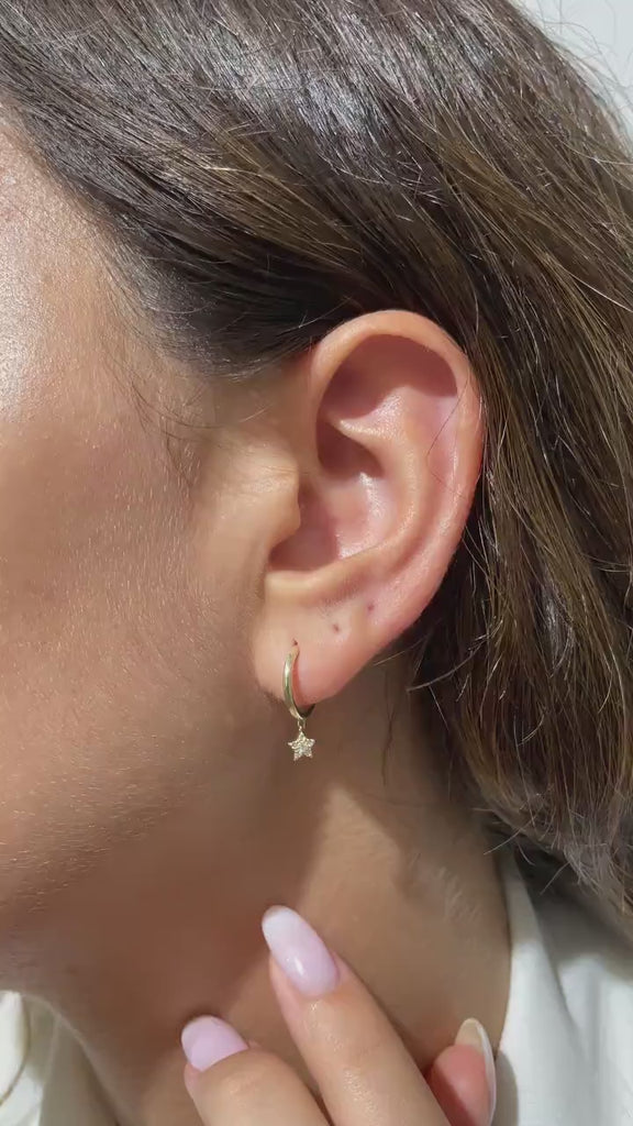 Diamond Hoop Earrings / 14k Dangling Diamond Hoop Earrings / Star Charm Huggies / Birthday Gift / Graduation Gift / Bridal Gift