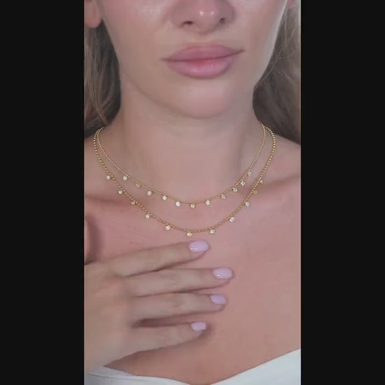 14k Gold Diamond Station Necklace: Bezel Set Ball Chain