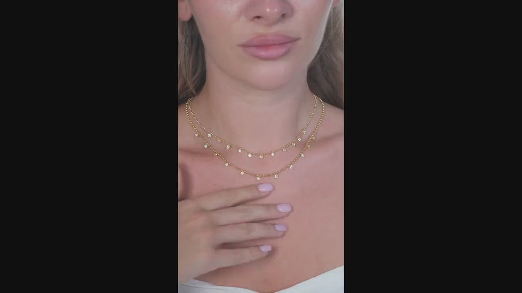 14k Gold Diamond Station Necklace: Bezel Set Ball Chain